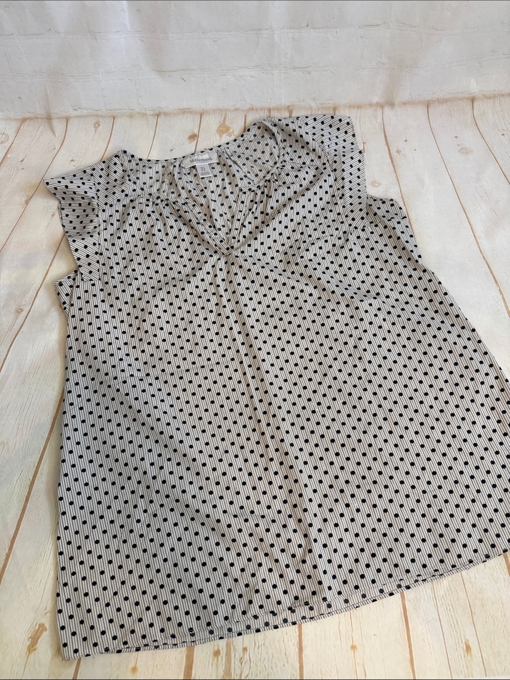 Sleeveless Poly Motherhood Maternity Polka Dot-V-Neck Top - Black on Cream